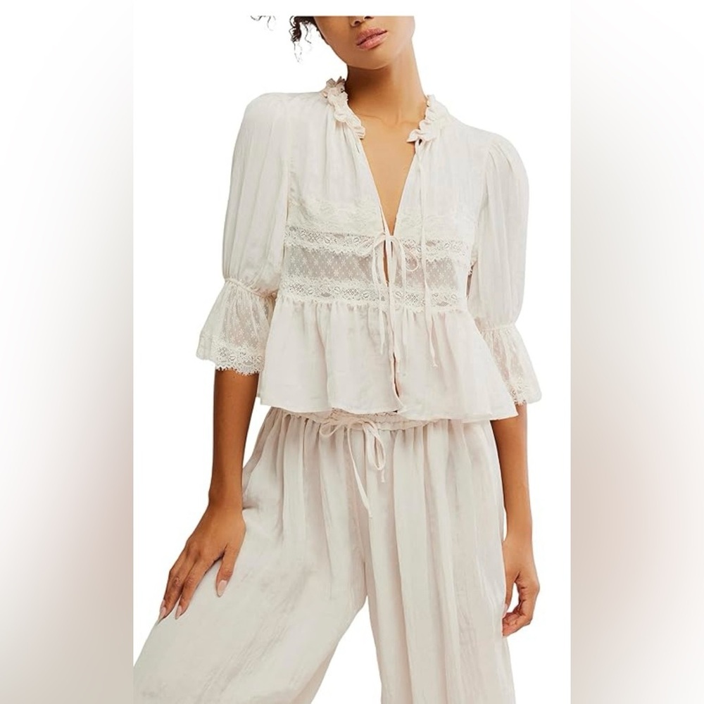 Free People Ivory Lace-Trim Peasant Blouse - Picture 5 of 10